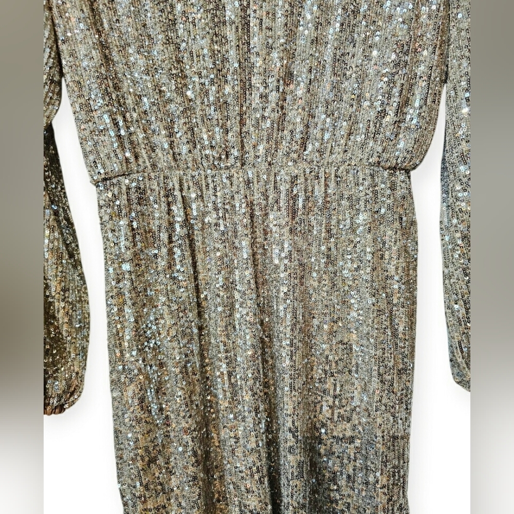 Express Gold Lush Sequins Vneck Longsleeve Flowy Holiday Formal Midi Dress - Picture 4 of 11
